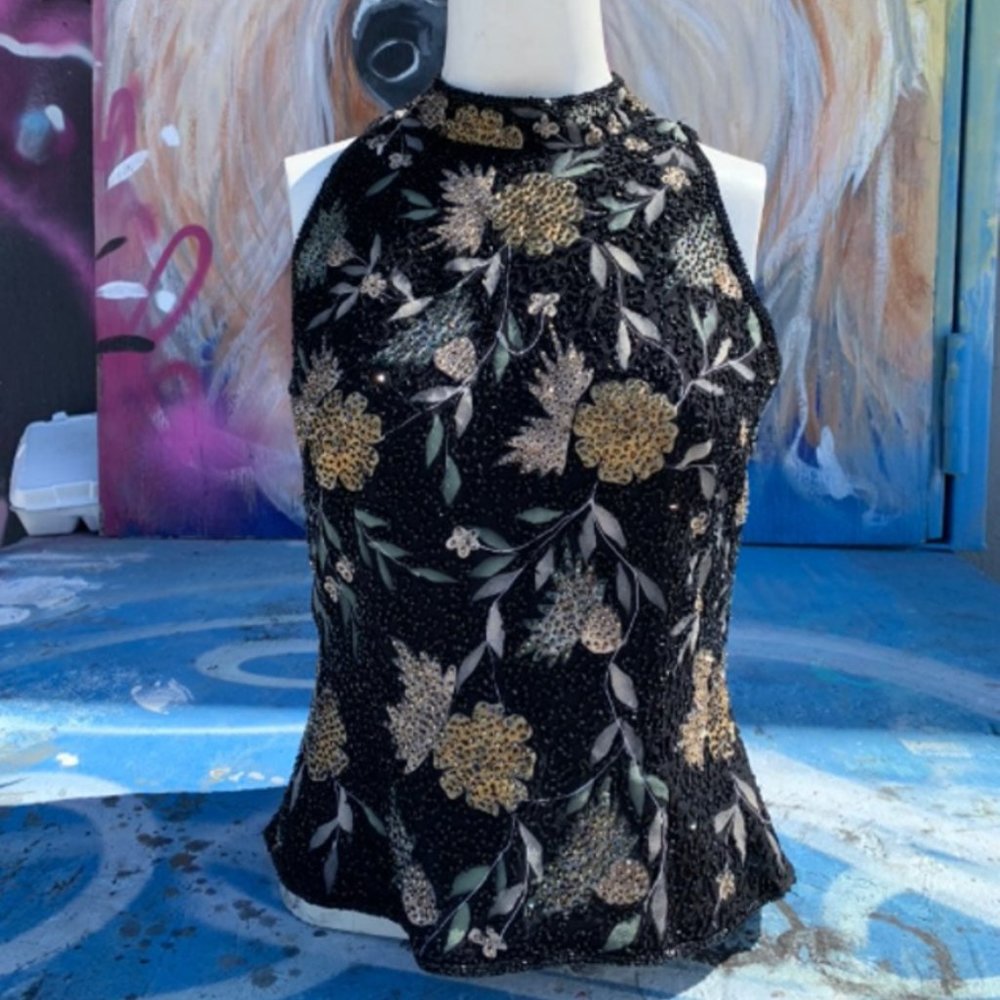 J KARA Beaded Flowery High Neck Black Evening Blouse Top Size M/L  NWOT